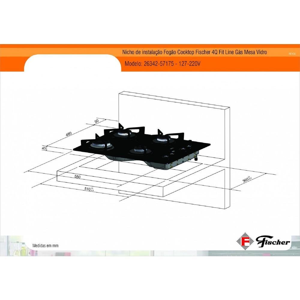 Cooktop Fischer Fit Line, 4 Bocas, A Gás, Bivolt, Preto - 26342-57175 Cooktop Fischer Fit Line, 4 Bocas, A Gás, Bivolt, Preto - 26342-57175
