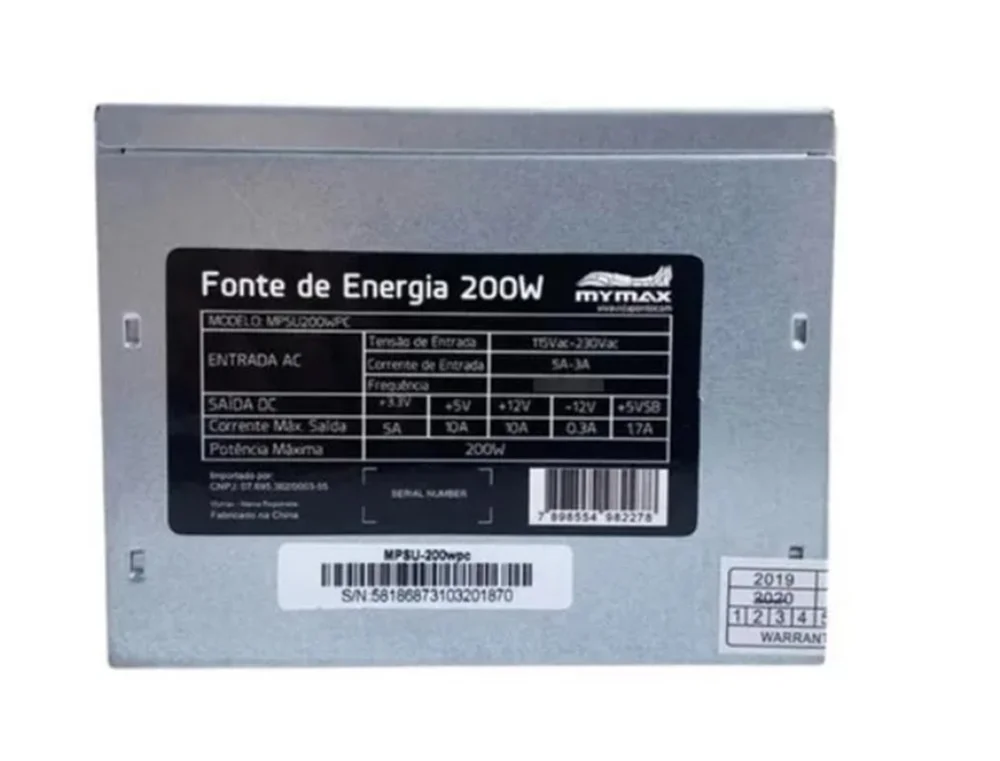Fonte Mymax ATX, 200W, 24 Pinos, 2 SATA, Sem Cabo Fonte Mymax ATX, 200W, 24 Pinos, 2 SATA, Sem Cabo