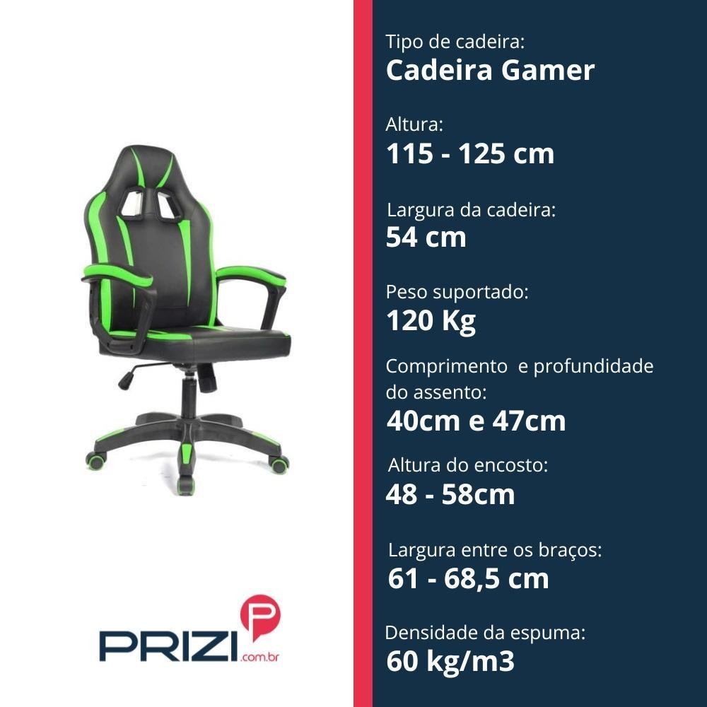 Cadeira Gamer Prizi Runner, 120KG, Verde Cadeira Gamer Prizi Runner, 120KG, Verde