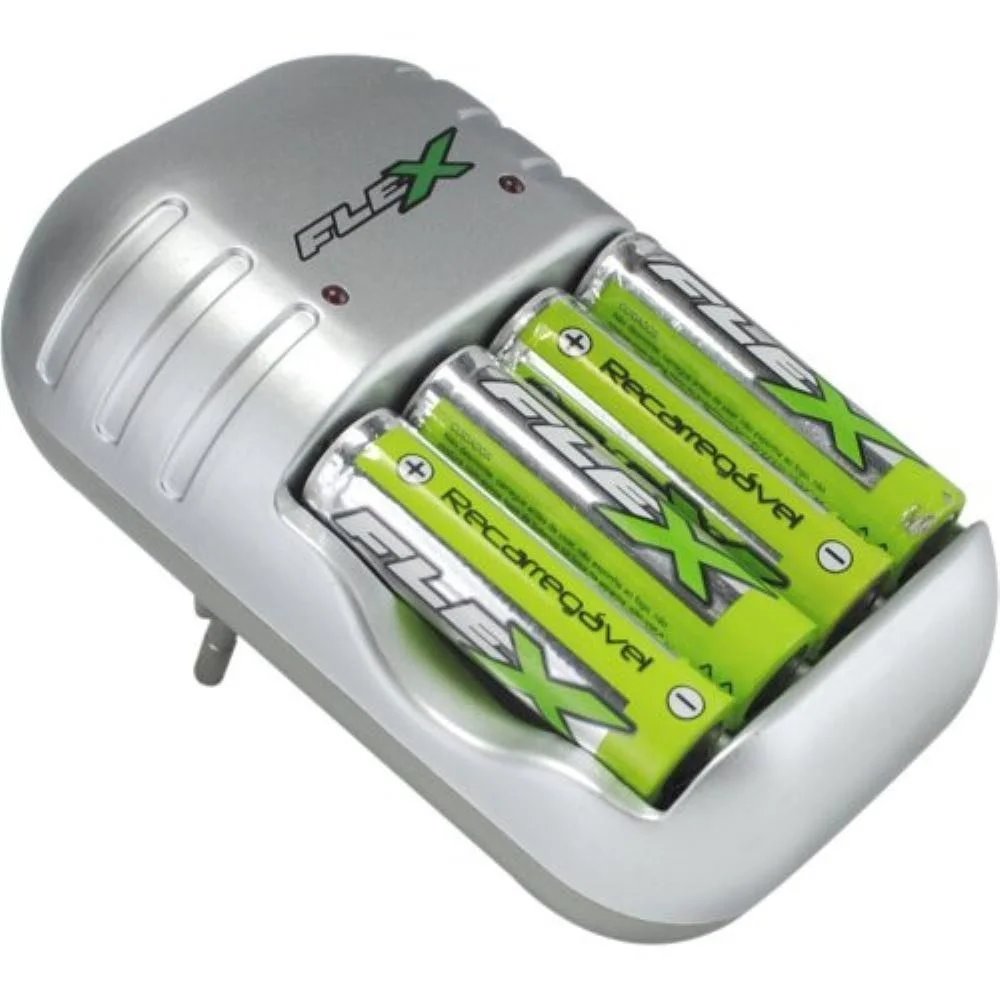 Carregador Com 4 Pilhas Recarregáveis Fx-c03 Aa Flex