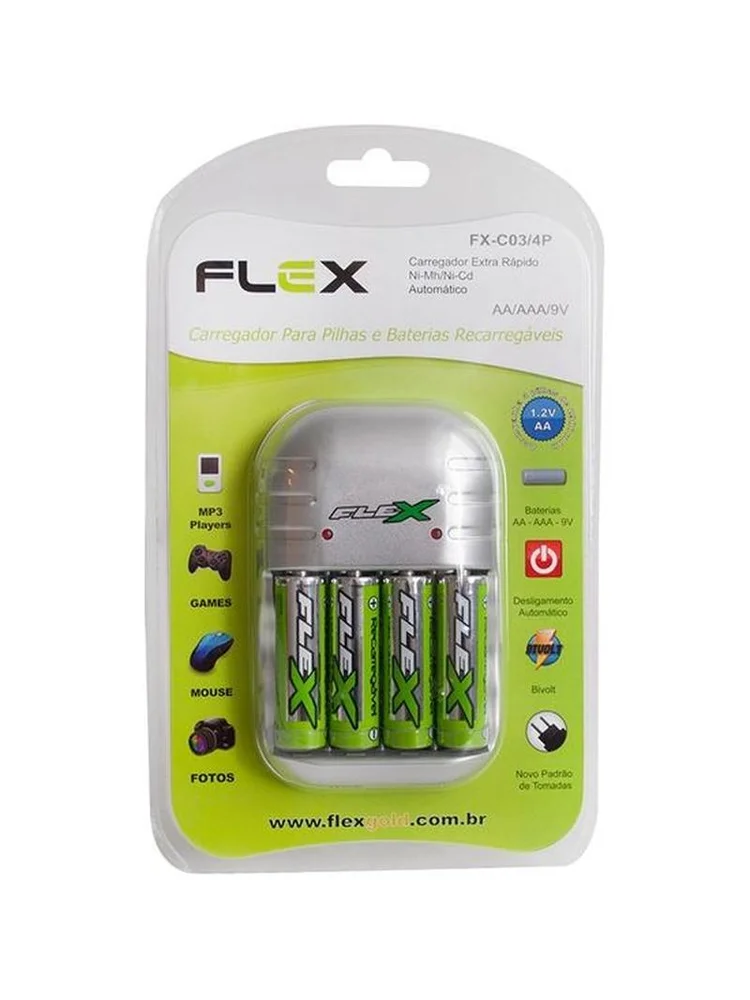 Carregador Com 4 Pilhas Recarregáveis Fx-c03 Aa Flex