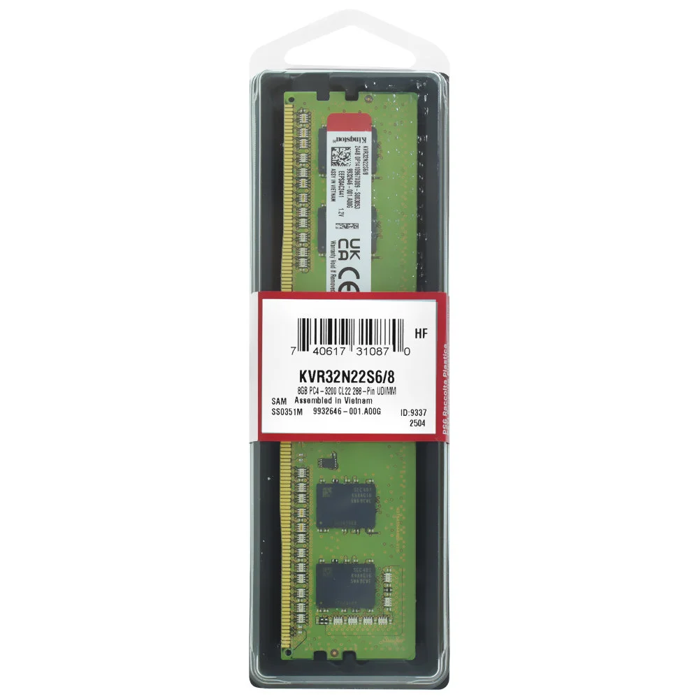 Memória Kingston, 8GB, 3200MHz, DDR4, CL22 - KVR32N22S6/8 Memória Kingston, 8GB, 3200MHz, DDR4, CL22 - KVR32N22S6/8