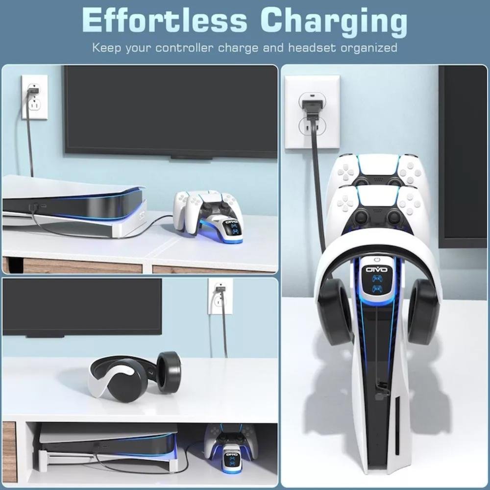 Carregador Dock 2 Controles Ps5 + Suporte Fone Headset Ps 3d