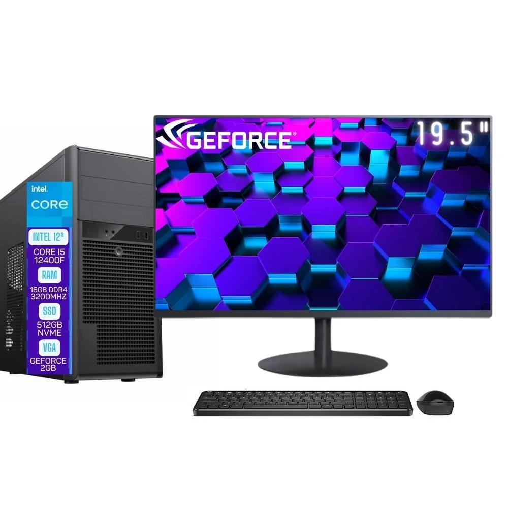 Computador Completo Skill Pro Intel Core i5 12400F, 16GB RAM, Placa de vídeo GeForce 2GB, SSD 512GB, Monitor 19.5" LED - SP-060