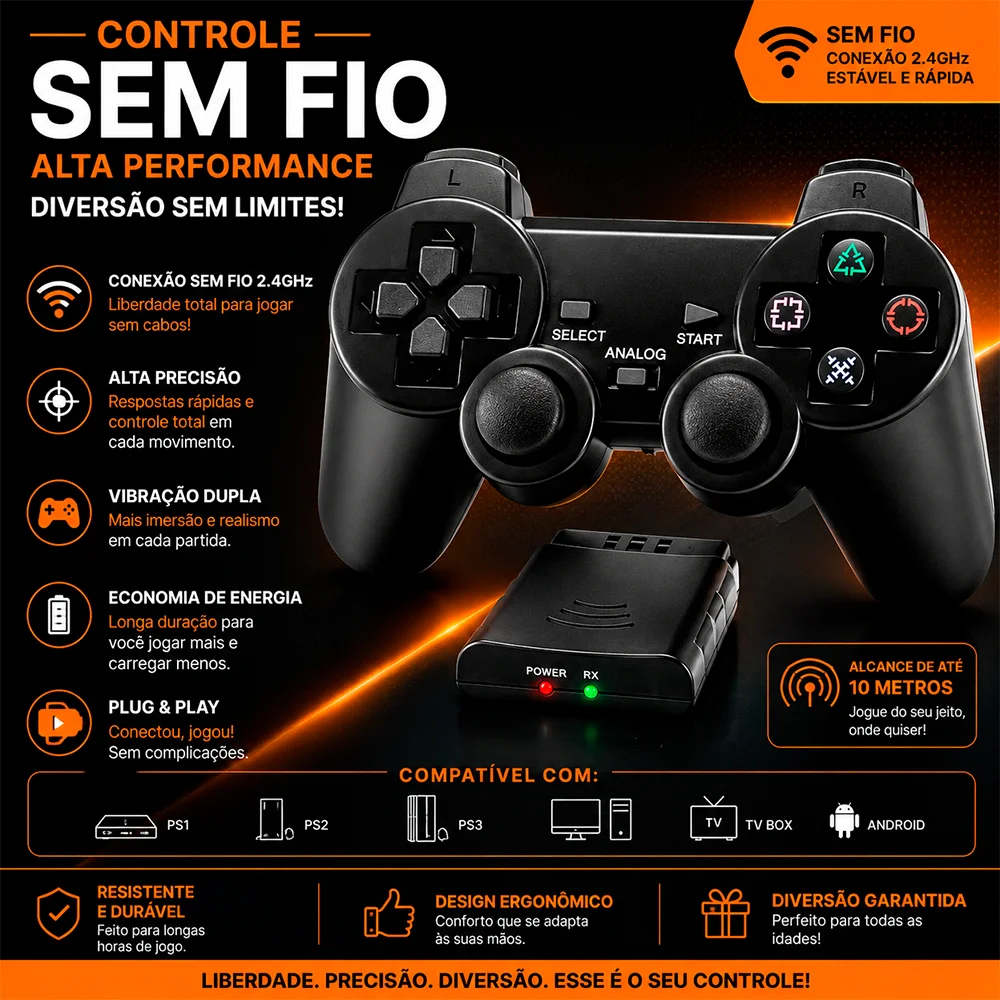 Controle Playstation 2 Kapbom Sem Fio, Ps2/Ps1, Wireless, Preto Controle Playstation 2 Kapbom Sem Fio, Ps2/Ps1, Wireless, Preto