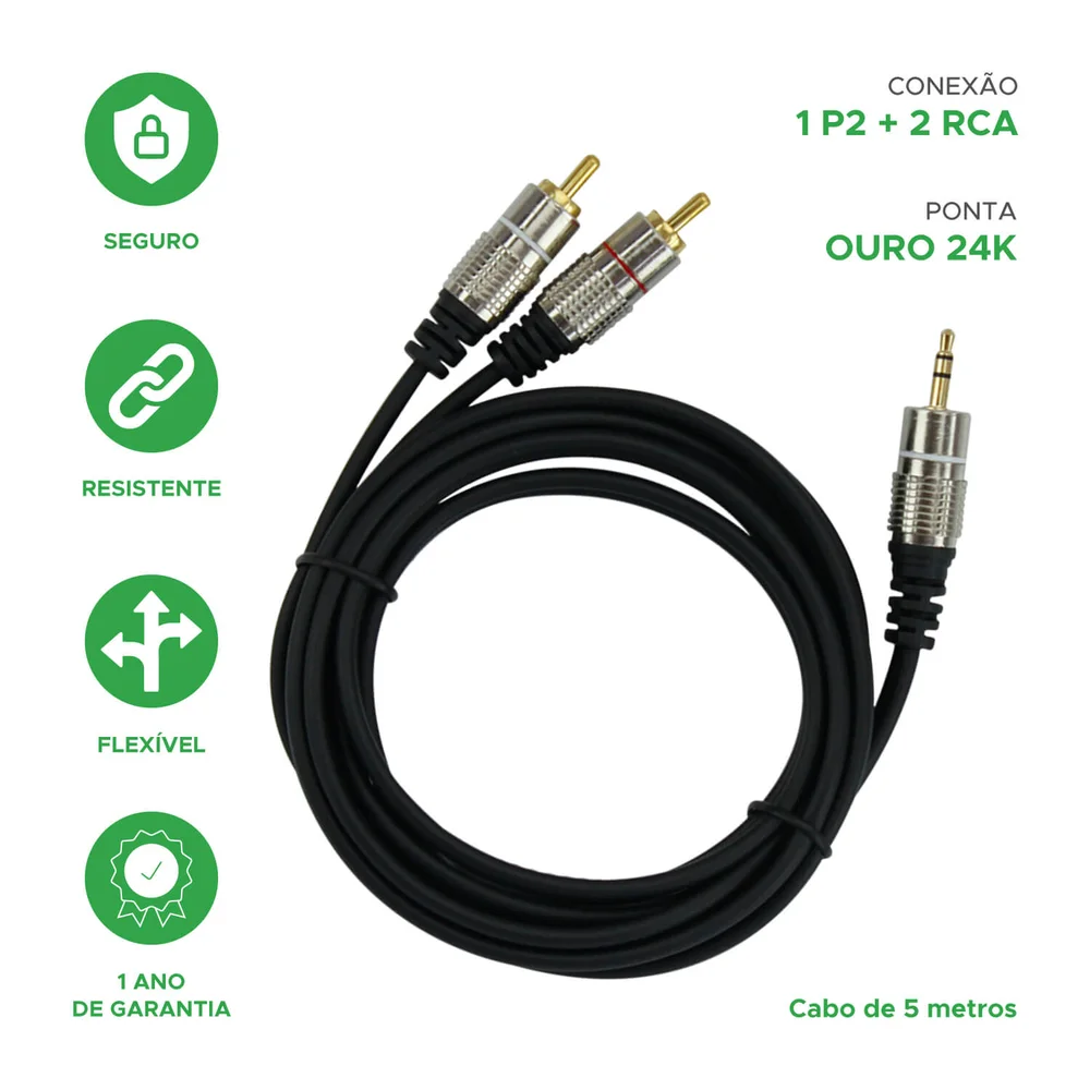 Cabo P2 Estéreo Para 2 RCA Macho KaBuM