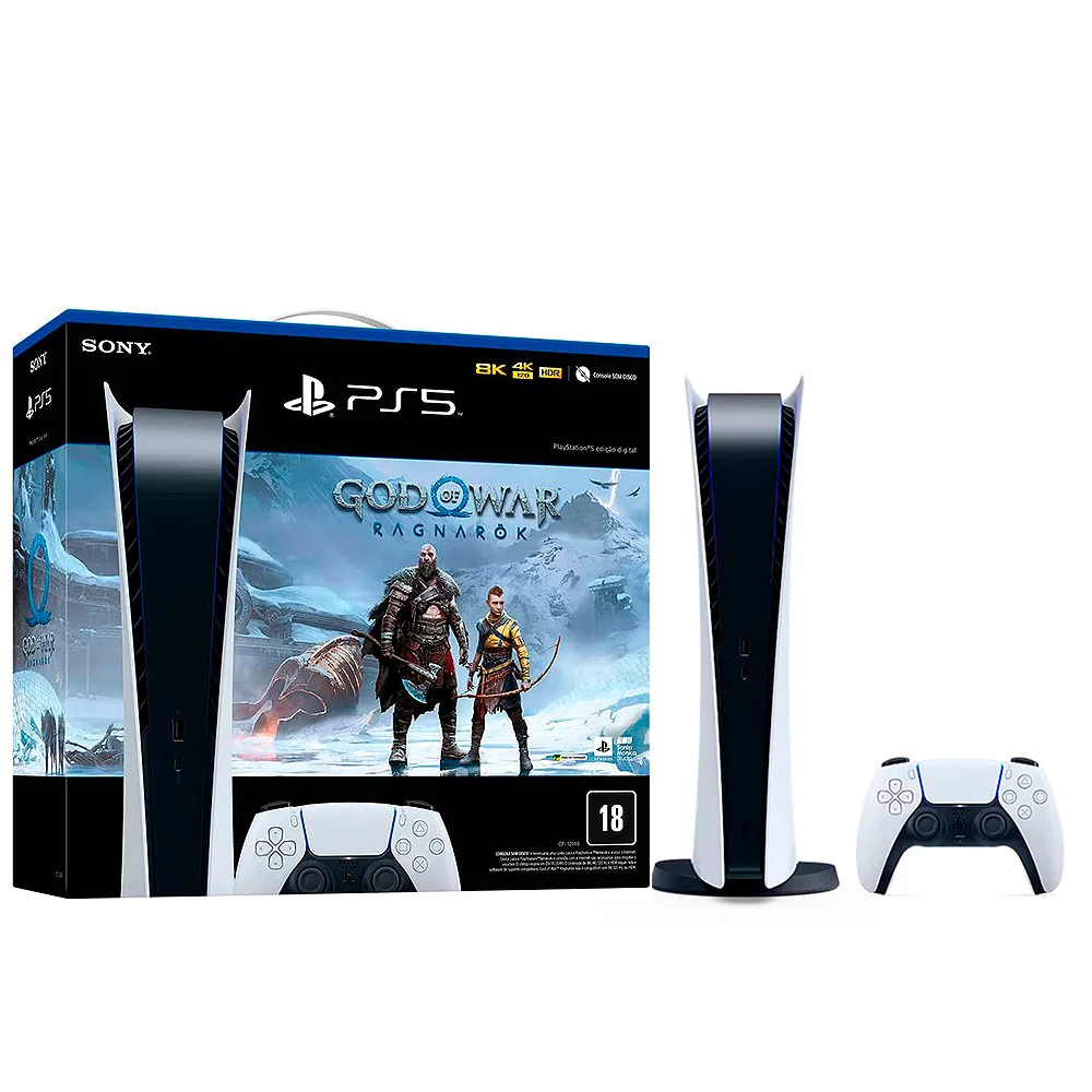 Console Playstation 5, SSD 825GB, Controle Sem Fio Dualsense, Edição Digital + God Of War Ragnarök, Branco Console Playstation 5, SSD 825GB, Controle Sem Fio Dualsense, Edição Digital + God Of War Ragnarök, Branco