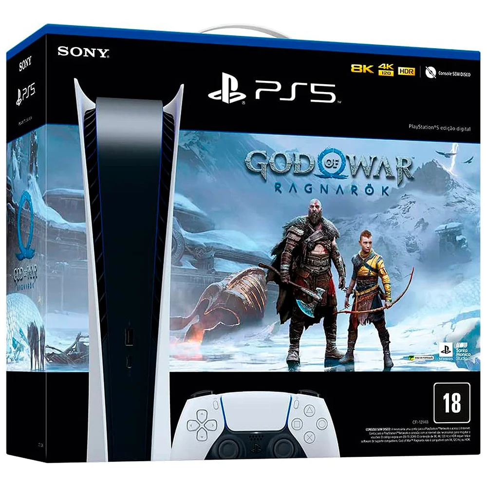 Console Playstation 5, SSD 825GB, Controle Sem Fio Dualsense, Edição Digital + God Of War Ragnarök, Branco Console Playstation 5, SSD 825GB, Controle Sem Fio Dualsense, Edição Digital + God Of War Ragnarök, Branco