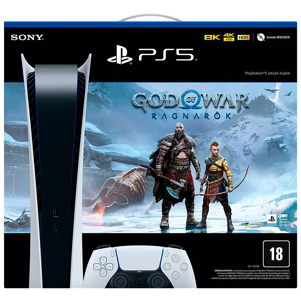 Console Playstation 5, SSD 825GB, Controle Sem Fio Dualsense, Edição Digital + God Of War Ragnarök, Branco Console Playstation 5, SSD 825GB, Controle Sem Fio Dualsense, Edição Digital + God Of War Ragnarök, Branco