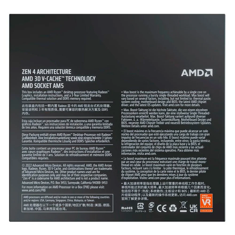 Processador AMD Ryzen 7 7800X3D, 4.20Ghz (Turbo 5.00GHZ), Cache 512KB, AM5, 8 Núcleos, Vídeo Integrado - 100-100000910WOF