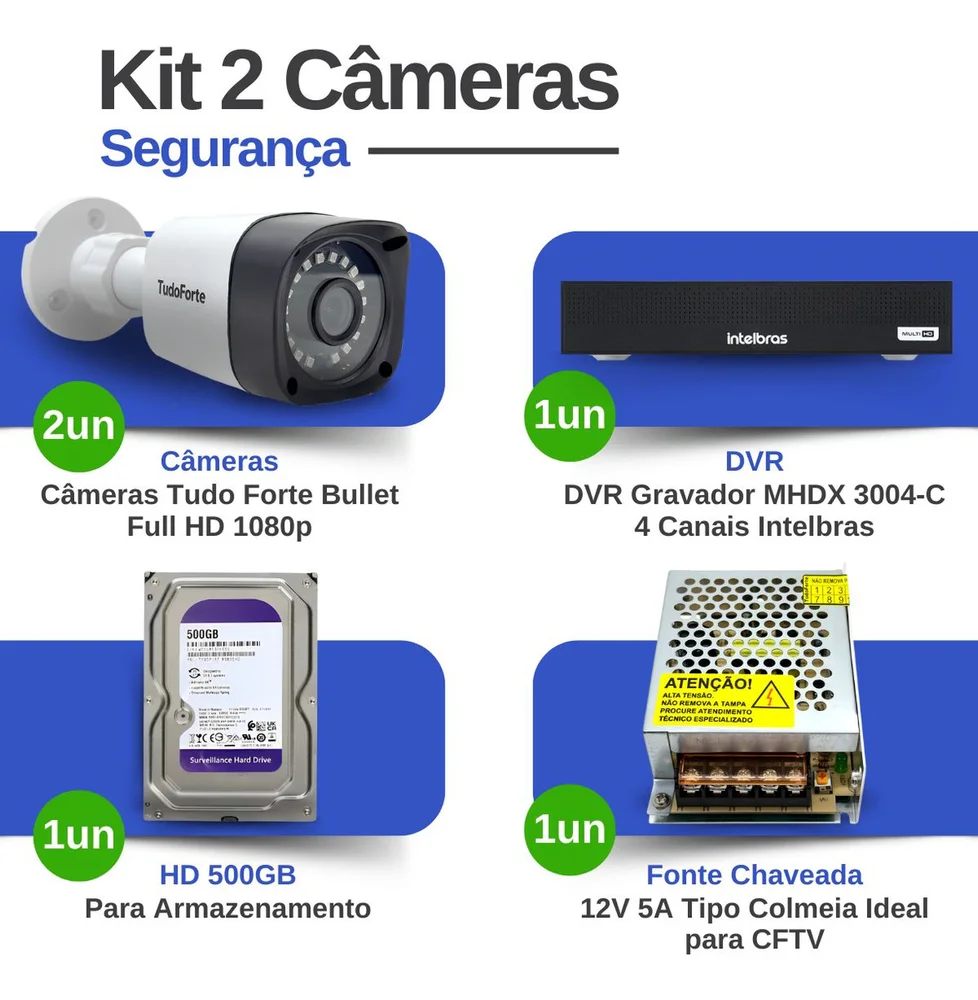 Kit 2 Câmeras Intelbras Tf 1220 B, Full Hd 1080p, Bullet Visão Noturna 20m, Proteção Ip66 + Dvr Gravador Intelbras Mhdx 3004-c, 4 Canais + Hd 500gb