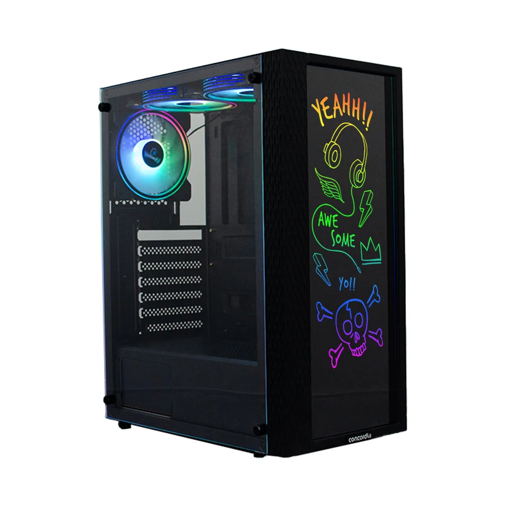 Gabinete Gamer Concórdia Creative, Mid Tower, ARGB, Vidro Frontal Para Escrita, 3 Fans Gabinete Gamer Concórdia Creative, Mid Tower, ARGB, Vidro Frontal Para Escrita, 3 Fans