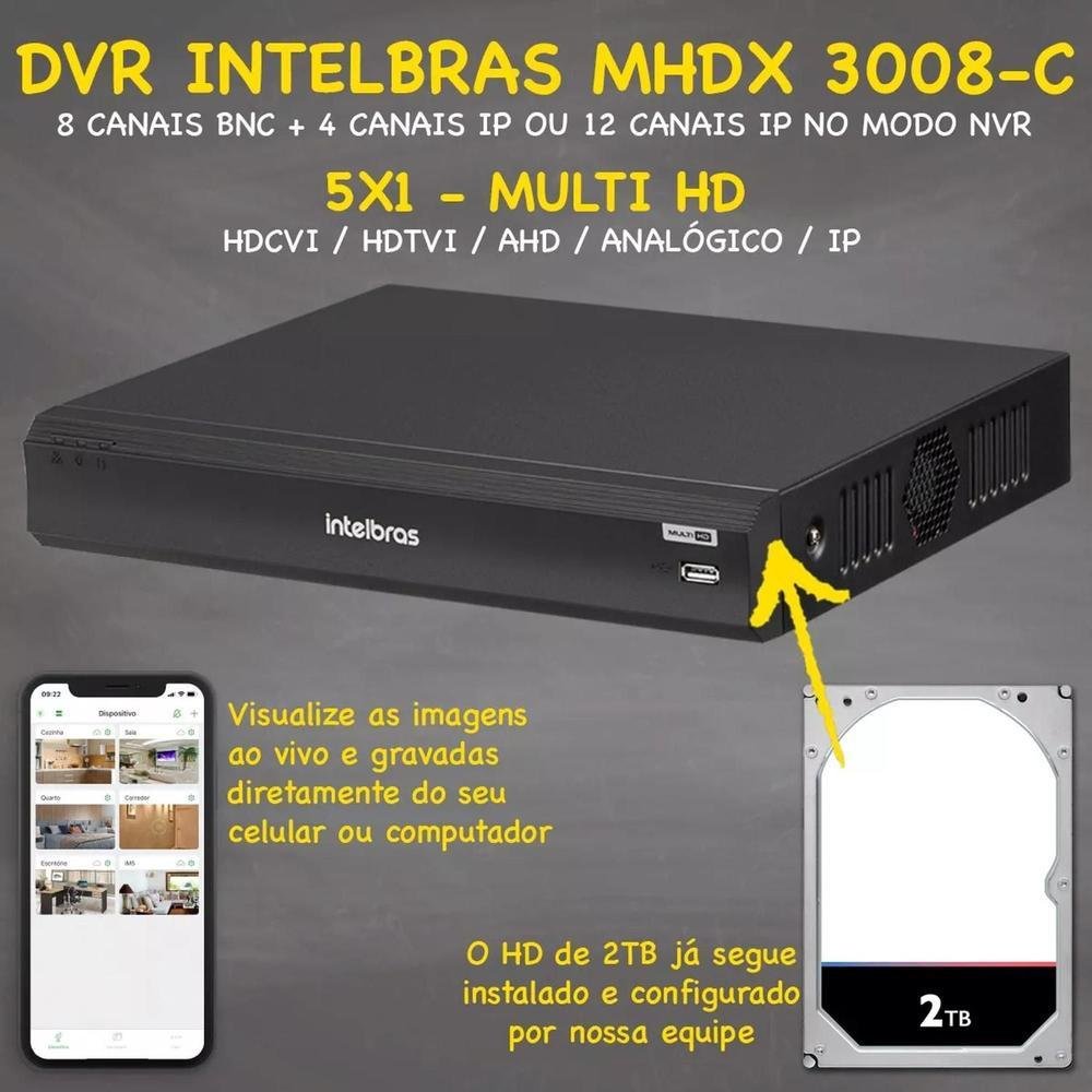 Kit Intelbras Cftv, 8 Cameras FULL HD, VHL 1220 + DVR 3008-C, 2TB