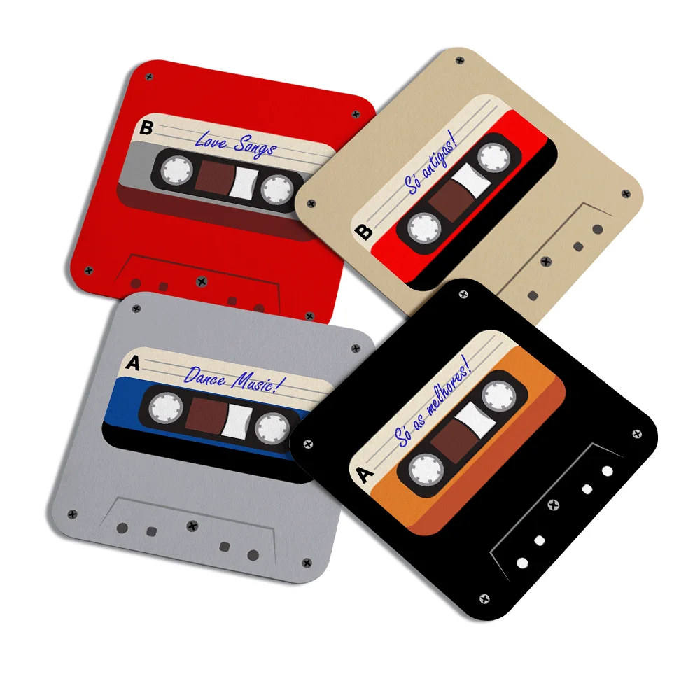 Porta Copos Geek Jps Info, Fita Cassete K7 Retro, 4 Peças Porta Copos Geek Jps Info, Fita Cassete K7 Retro, 4 Peças