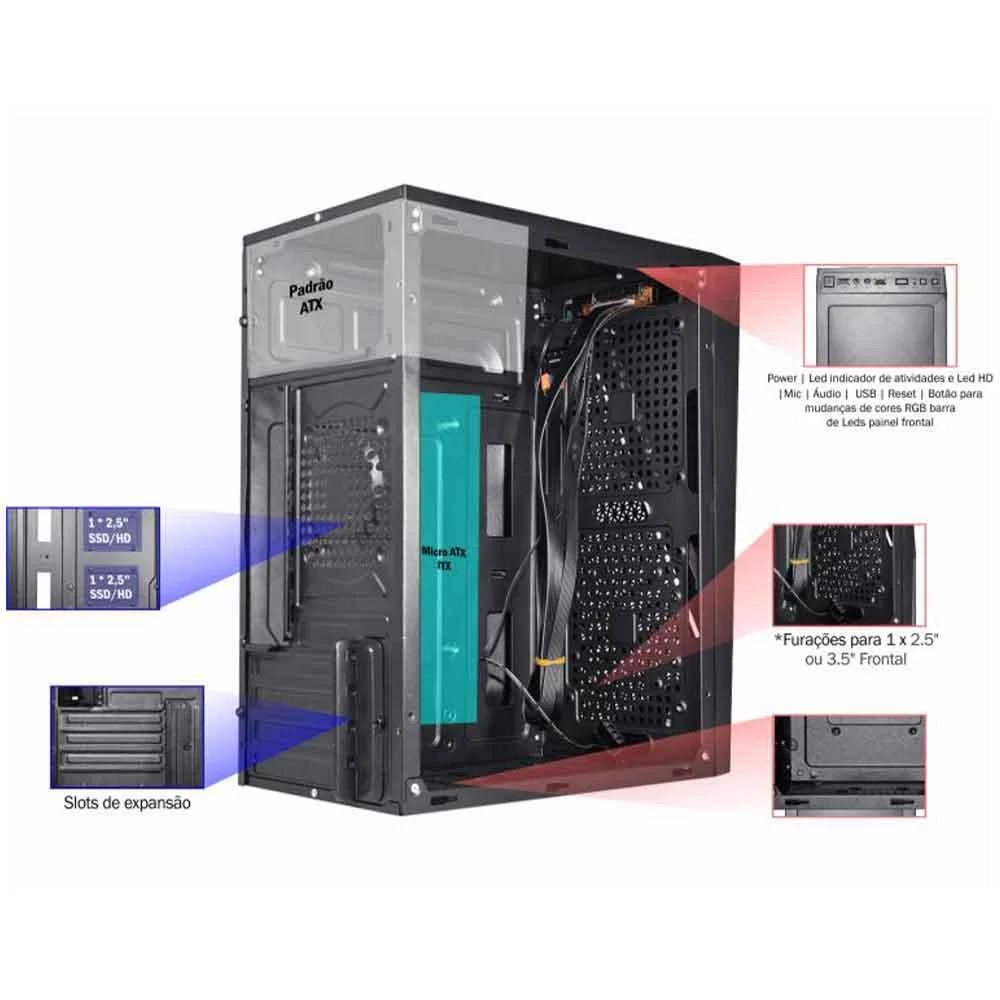 Gabinete Gamer K-mex, Micro, Preto, S/fonte - Cg15nx Gabinete Gamer K-mex, Micro, Preto, S/fonte - Cg15nx