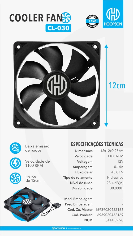 Cooler Fan Hoopson, 120x120mm, 2 Pinos Molex, Preto - Cl-030