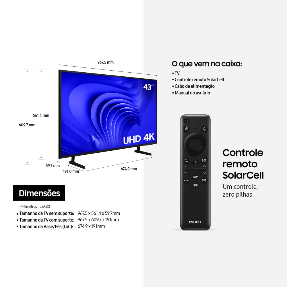 Smart TV 43 Polegadas Samsung Uhd 4K 2024, Processador Crystal 4k, Gaming Hub, Ai Energy Mode, Controle Solarcell, Alexa Built In Smart TV 43 Polegadas Samsung Uhd 4K 2024, Processador Crystal 4k, Gaming Hub, Ai Energy Mode, Controle Solarcell, Alexa Built In
