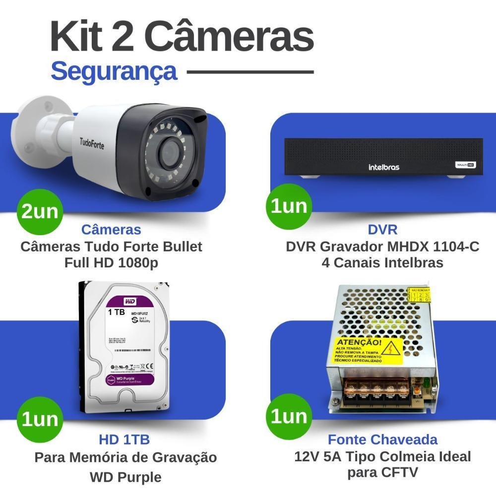Kit 2 Câmeras Tudo Forte Tf 2020 B Full Hd 1080p Bullet Visão Noturna 20m Proteção Ip66 + Dvr Gravador Intelbras Mhdx 1104-c 4 Canais + Hd 1TB Purple Kit 2 Câmeras Tudo Forte Tf 2020 B Full Hd 1080p Bullet Visão Noturna 20m Proteção Ip66 + Dvr Gravador Intelbras Mhdx 1104-c 4 Canais + Hd 1TB Purple