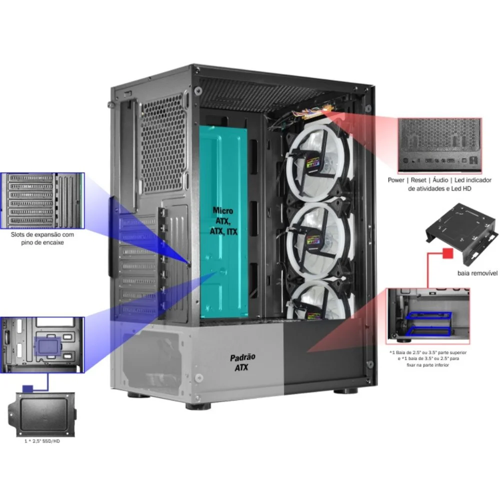 Gabinete Gamer Kmex Wind LED RGB - Cg10h3