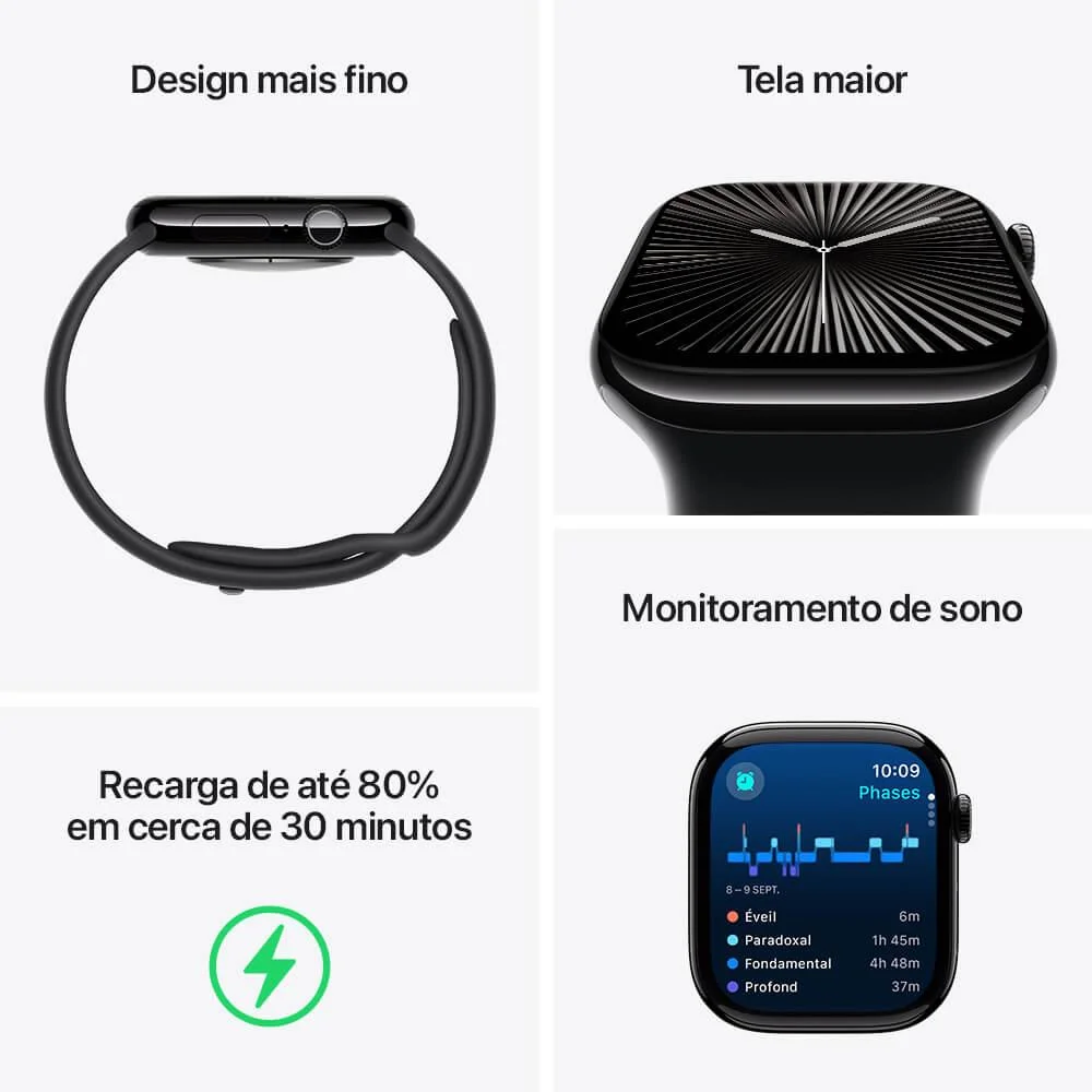 Apple Watch Series 10 Gps • Caixa Prateada De Alumínio – 46 Mm • Pulseira Esportiva Denim P/m