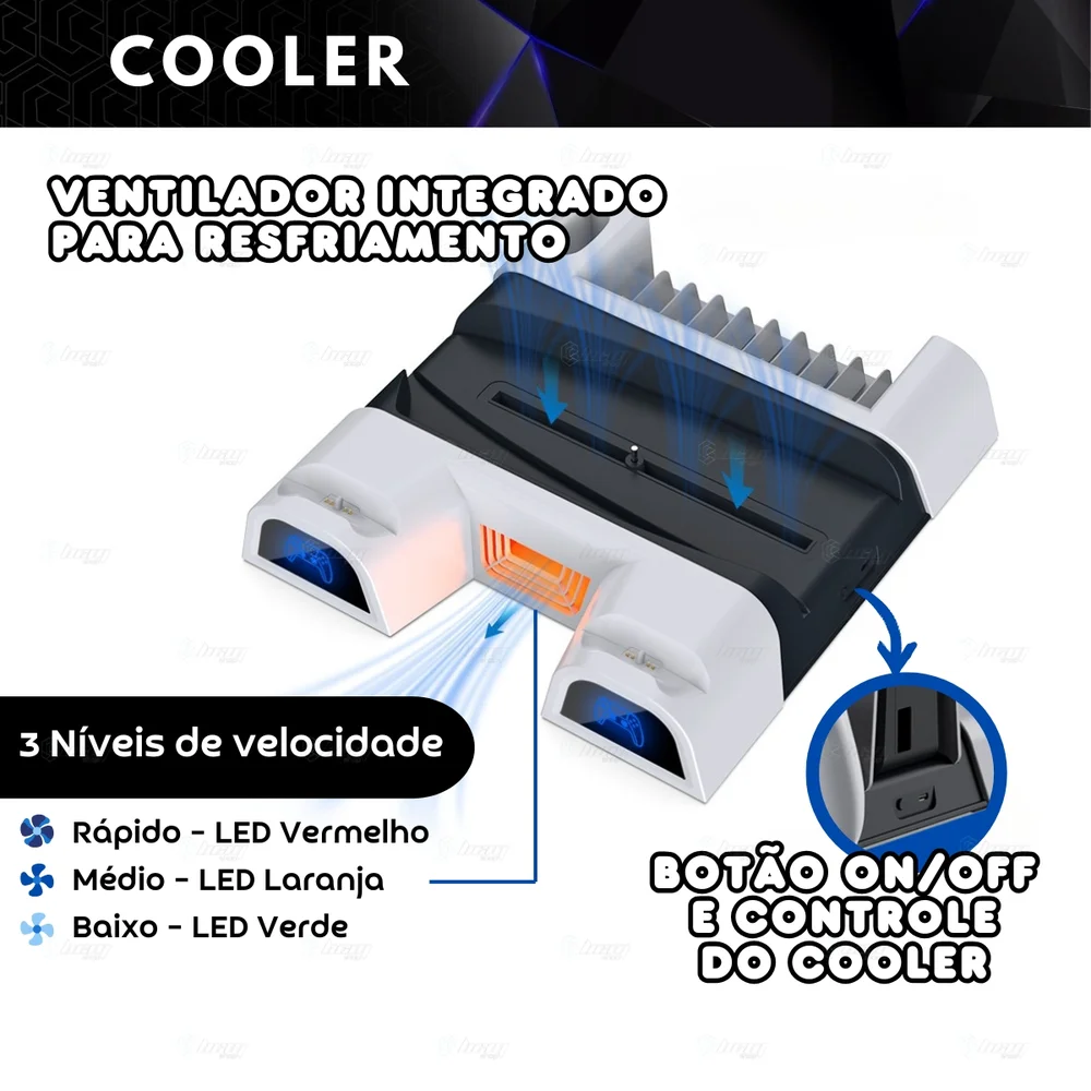 Cooler + Carregador Duplo + Slots Compatível Com Ps5 / Slim Cooler + Carregador Duplo + Slots Compatível Com Ps5 / Slim