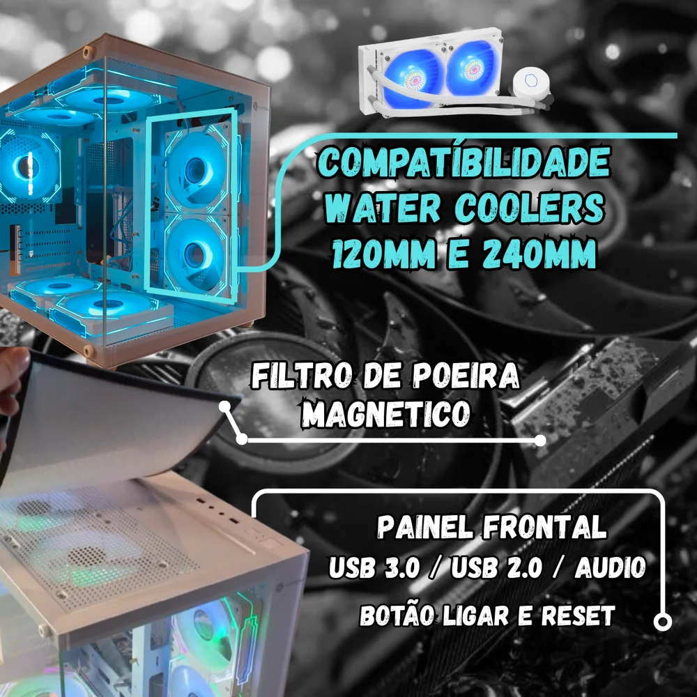 Gabinete Gamer Aquário Branco com 5 Fans RGB Inclusas Mini Tower para Placas Micro Atx Mini ITX Vidro Temperado
