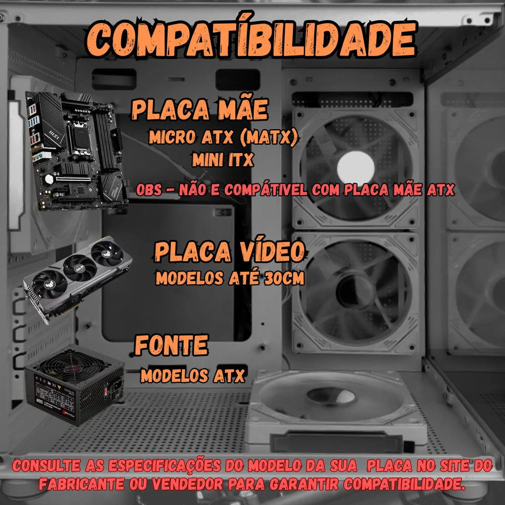 Gabinete Gamer Aquário Branco com 5 Fans RGB Inclusas Mini Tower para Placas Micro Atx Mini ITX Vidro Temperado
