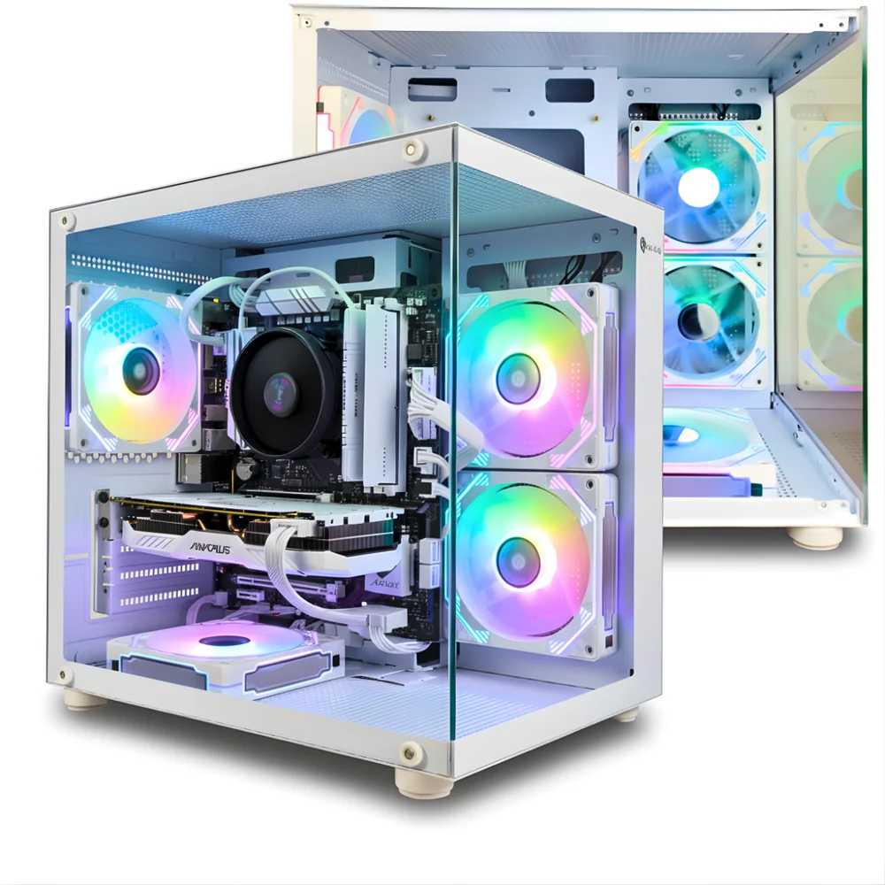 Gabinete Gamer Aquário Branco com 5 Fans RGB Inclusas Mini Tower para Placas Micro Atx Mini ITX Vidro Temperado