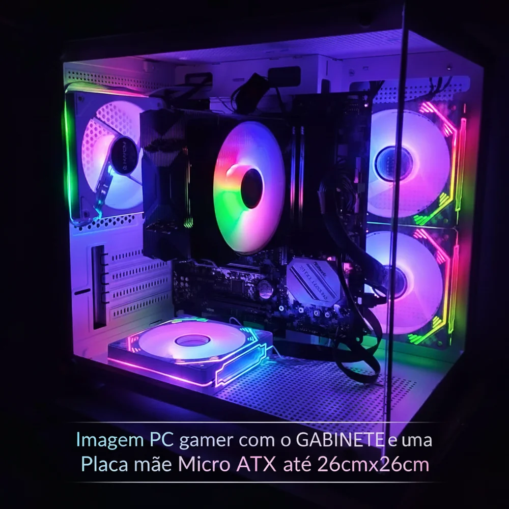 Gabinete Gamer Aquário Branco com 5 Fans RGB Inclusas Mini Tower para Placas Micro Atx Mini ITX Vidro Temperado