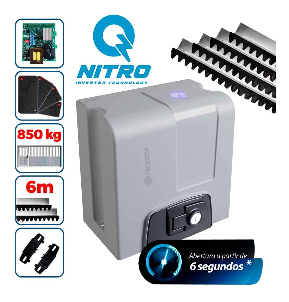 Kit Motor Rossi Dz4 Nitro Bivolt Para Portão 850kg Deslizante 4 Controles + 6 Metros De Cremalheira
