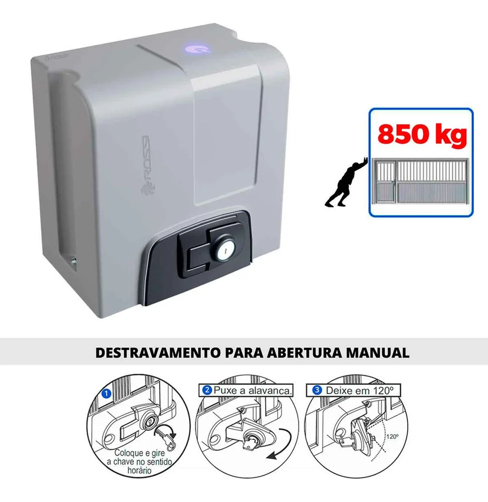 Kit Motor Rossi Dz4 Nitro Bivolt Para Portão 850kg Deslizante 4 Controles + 6 Metros De Cremalheira