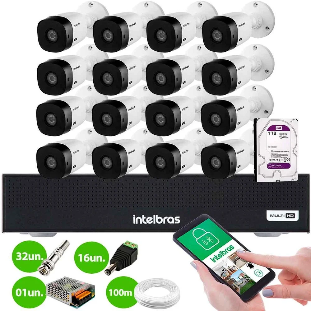 Kit 16 Câmeras Intelbras Vhl 1120 B Hd 720p Visão Noturna 20m Ip6 + Dvr 1116-c 16 Canais + Hd 1TB