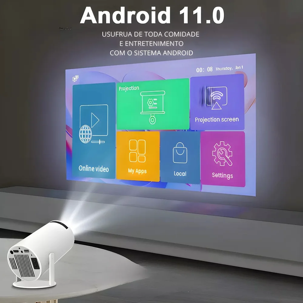 Projetor Portátil Hy300 Smart Wifi Bluetooth Integrados Android 11.0 Alta Resolução C/ Auto Falante