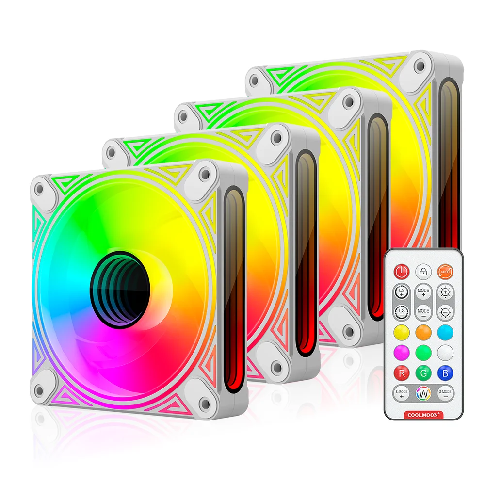 Kit 4 Cooler Fan Coolmoon DM1 Alta Performance, Branco, Pwm 4 Pinos, ARGB 3 Pinos, Silencioso, 800-1800 RPM, Com Controlador de LED Kit 4 Cooler Fan Coolmoon DM1 Alta Performance, Branco, Pwm 4 Pinos, ARGB 3 Pinos, Silencioso, 800-1800 RPM, Com Controlador de LED