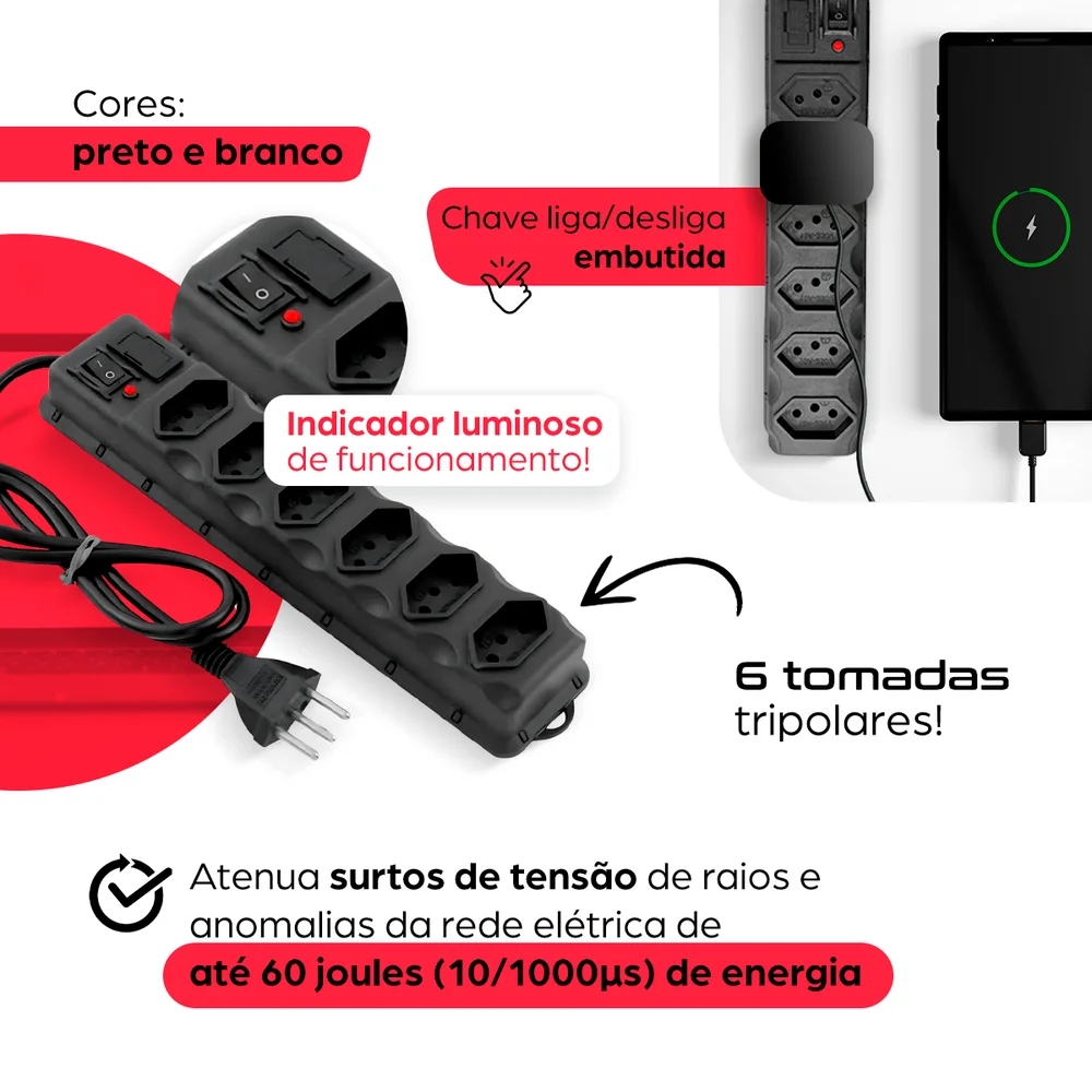 Filtro De Linha Extensão Régua Elétrica 6 Tomadas Bivolt