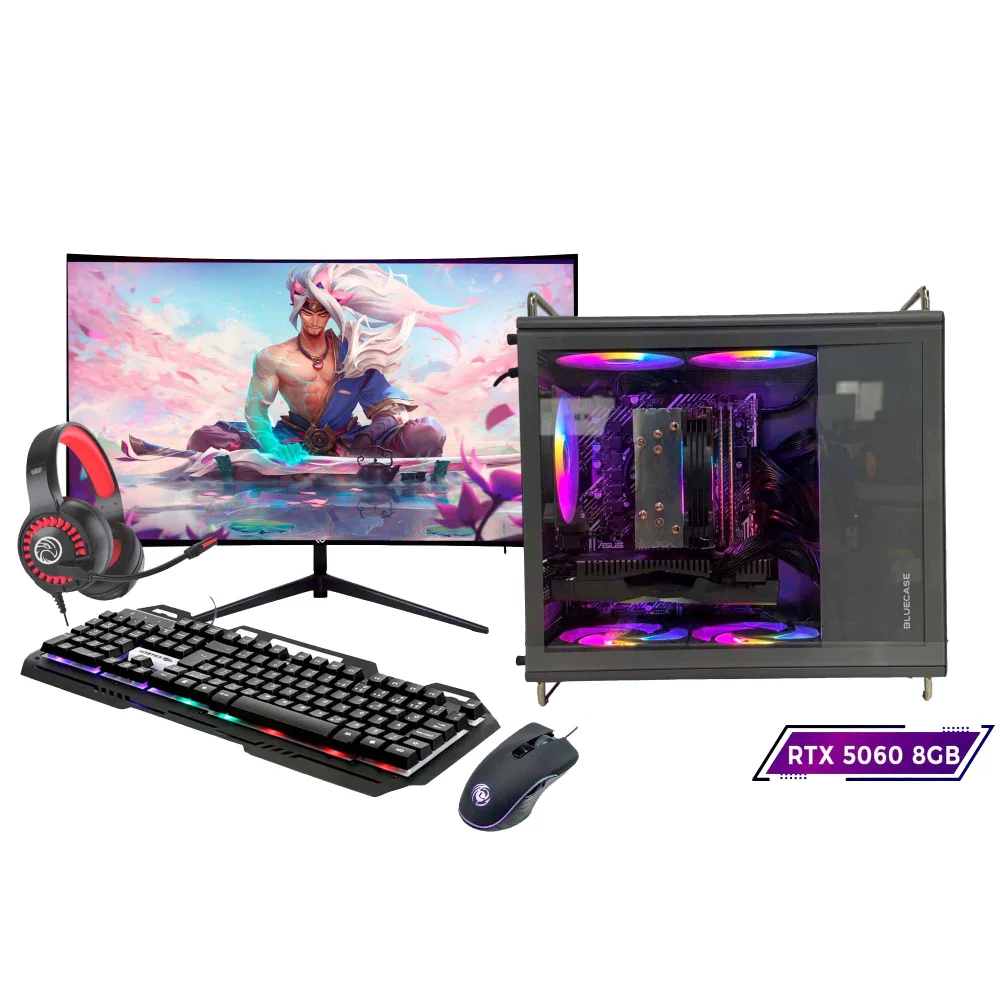 "Computador Gamer Intel i9 11ª 64gb Ram, SSD 2TB, RTX 5060 8GB, Monitor 23"" Curvo Preto, Gabinete Tiny Pro Cinza"