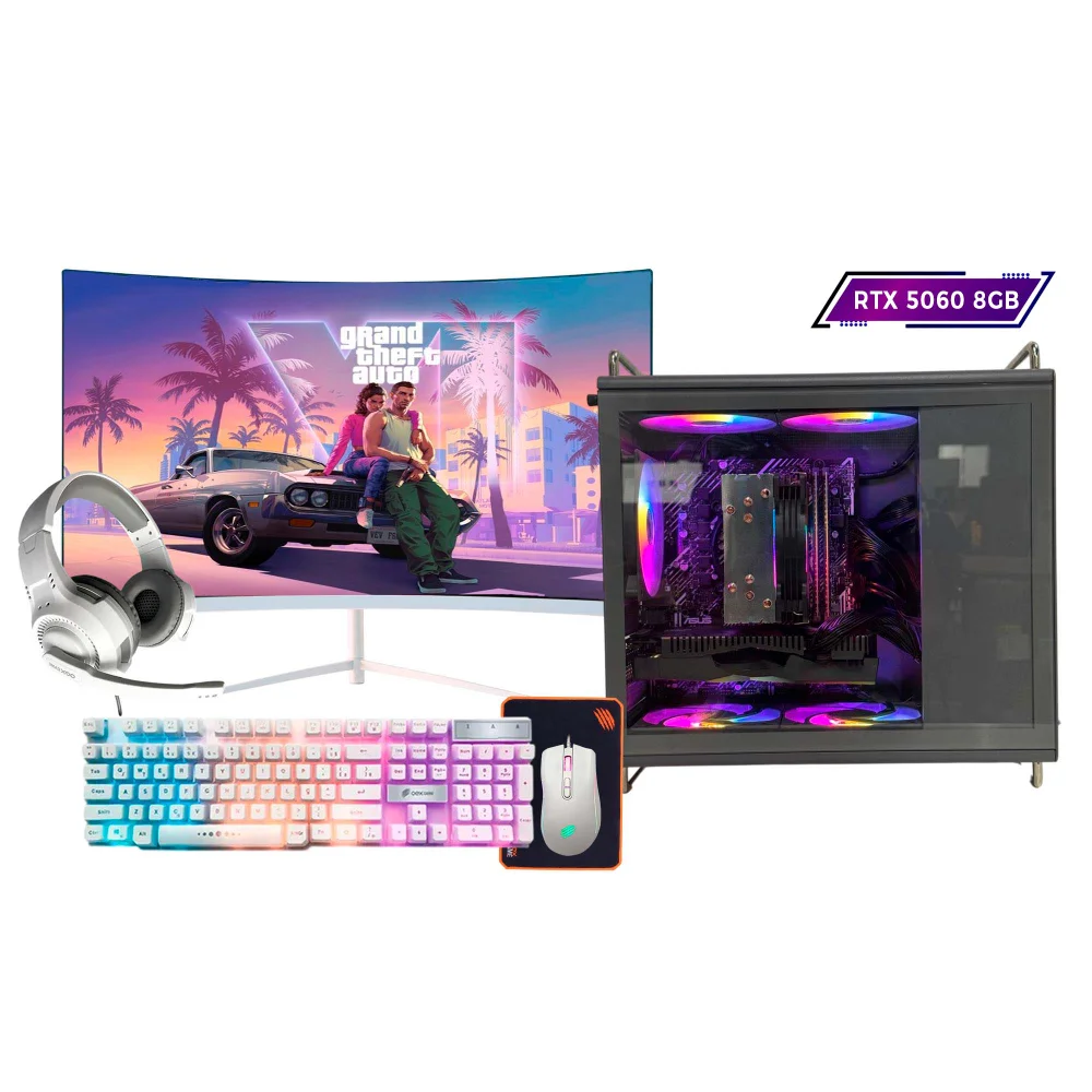 "Computador Gamer Intel i9 11ª 64gb Ram, SSD 2TB, RTX 5060 8GB, Monitor 23"" Curvo Branco, Gabinete Tiny Pro Cinza"