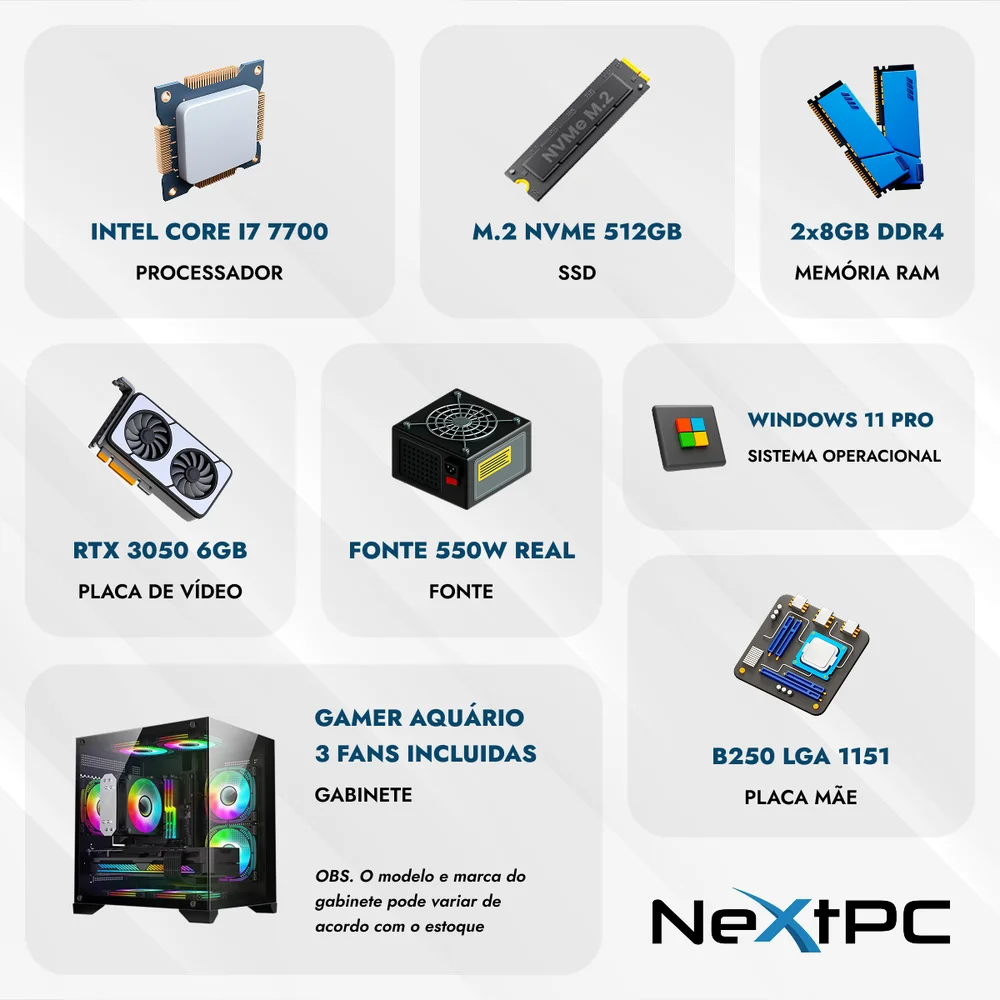 "Computador Nextpc Gamer Completo Intel Core i7 7ª, RTX 3050 6gb, 16gb, SSD 512gb, Monitor 20"", Gabinete Aquário" - view 4