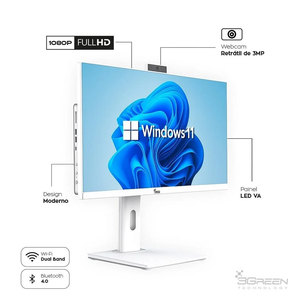 "Computador All In One 24"" Branco, Intel i5 9400, 8GB, SSD 512gb, WINDOWS 11  , Webcam, Wi-fi, 3green Unique" em Campinas - foto 4